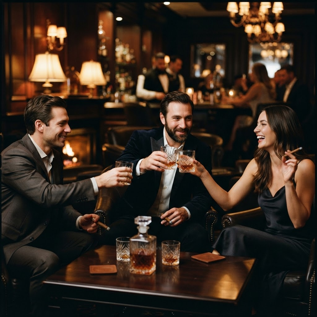 Elegant guests toasting crystal glasses in an upscale lounge