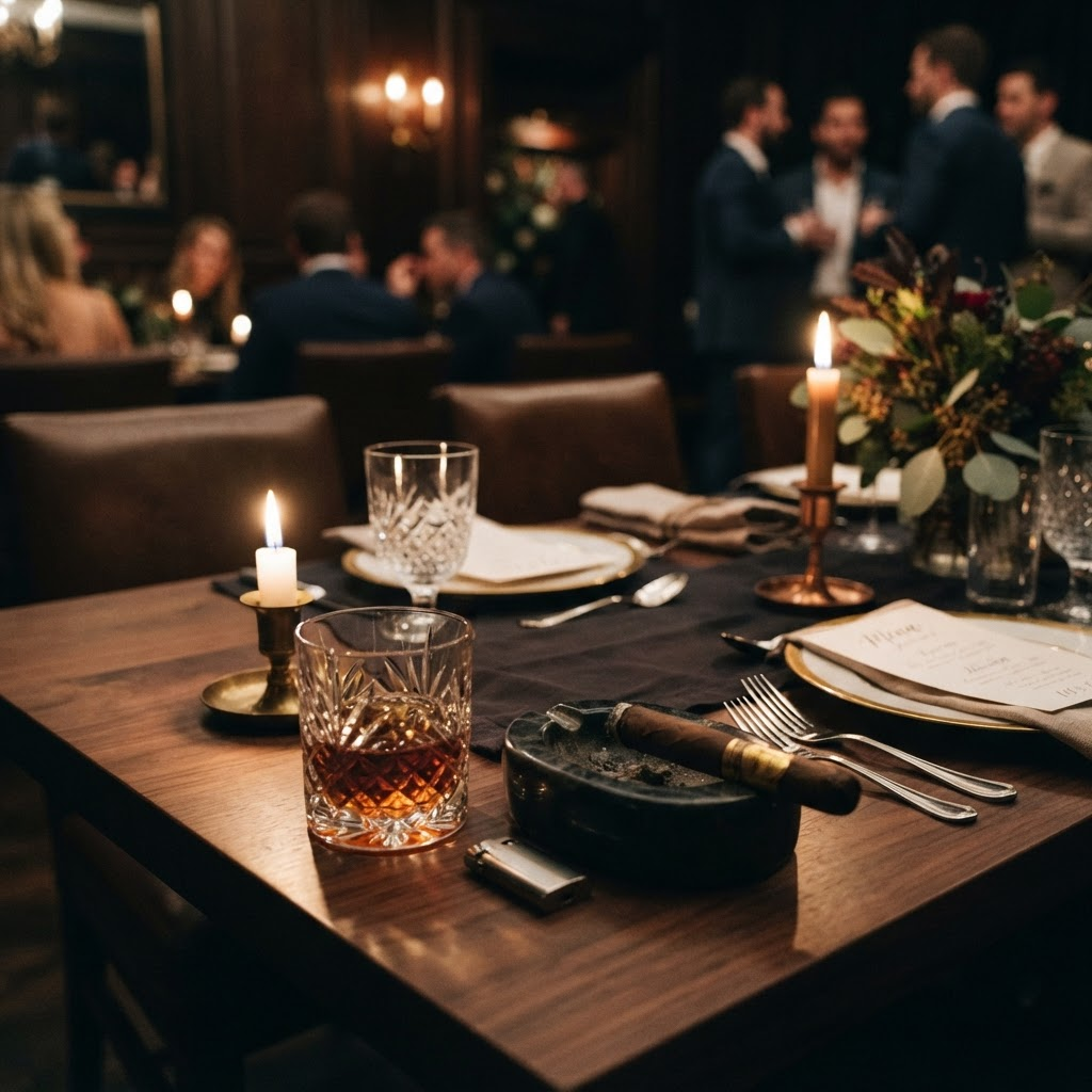 Intimate private event table set with bourbon and a premium cigar