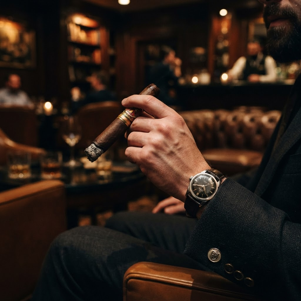 Well-dressed hand holding a lit premium cigar in a warm lounge