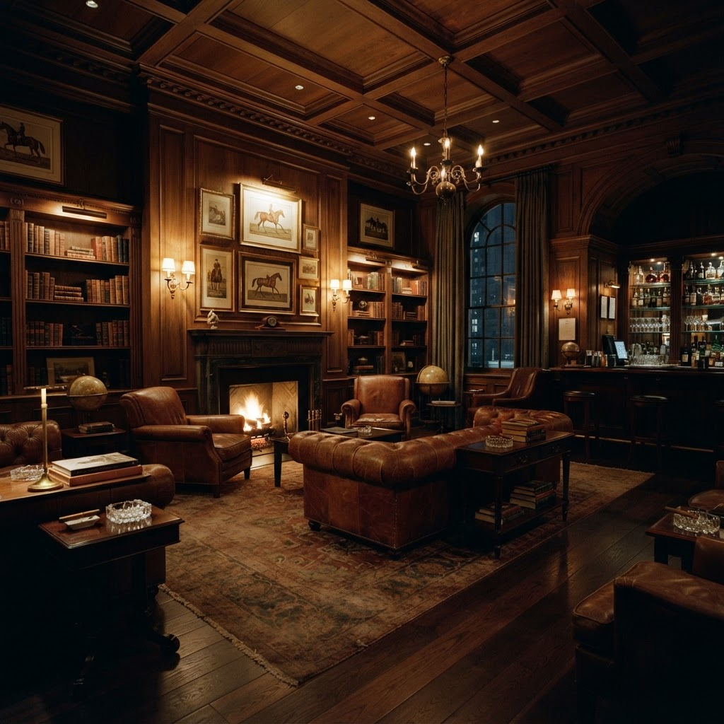 Sophisticated private cigar lounge with leather seating and warm lighting