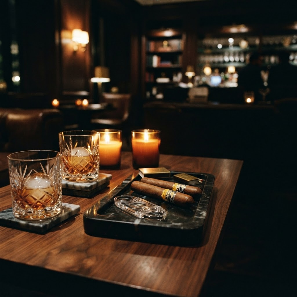 Crystal glassware and premium cigars arranged for an elegant tasting in warm amber light
