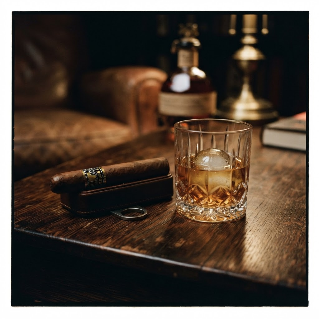 Premium cigar beside a glass of bourbon