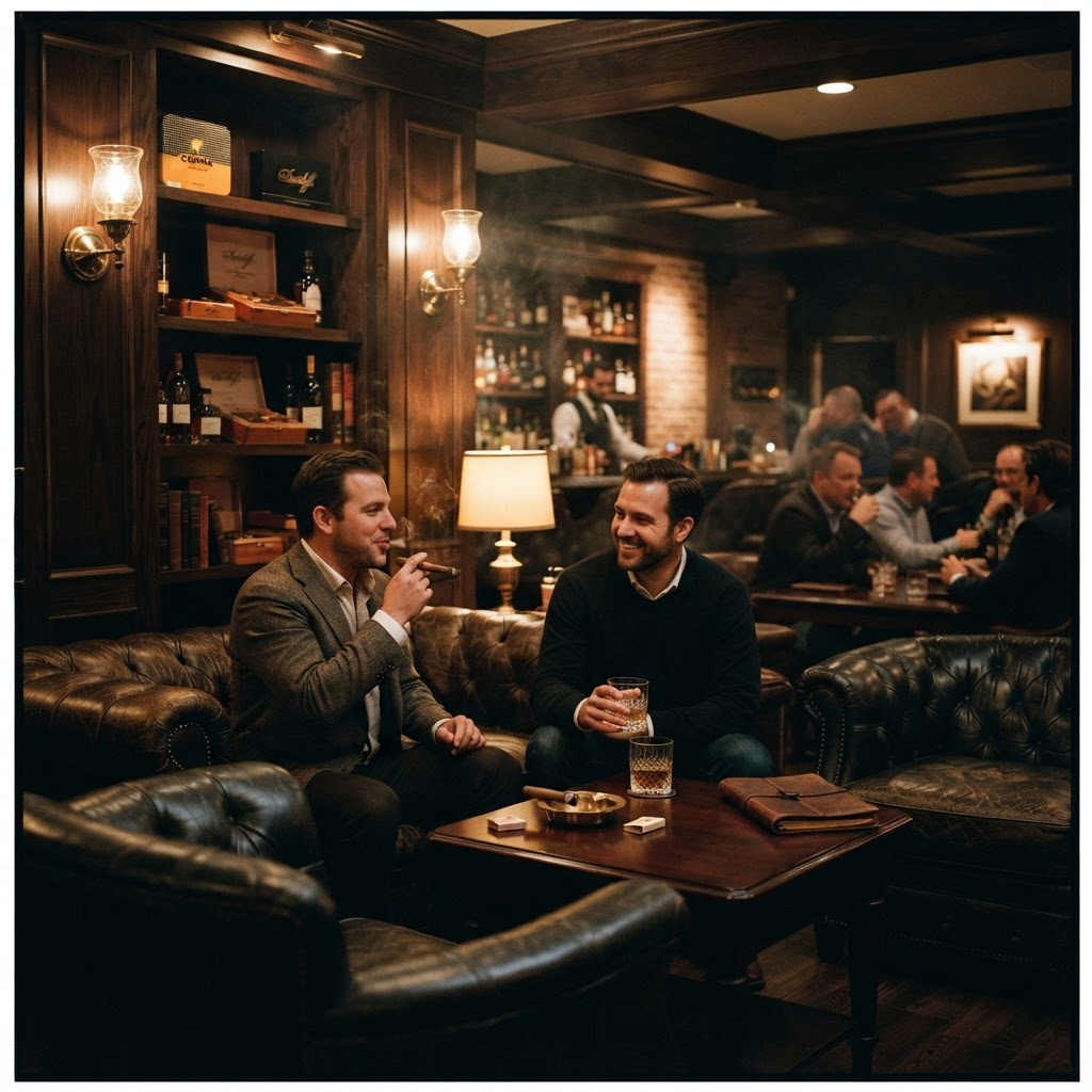 Warm luxury cigar lounge interior
