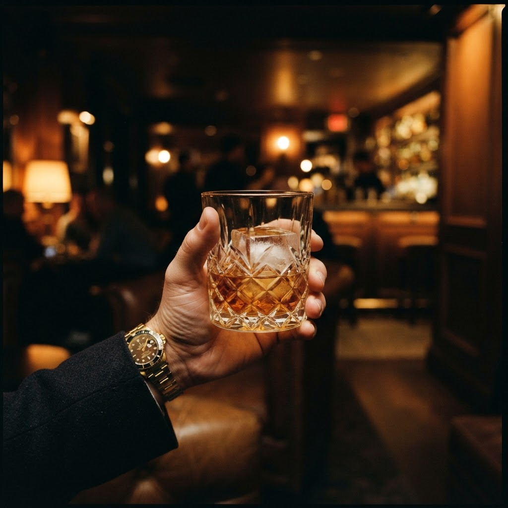 Hand holding a crystal glass of bourbon