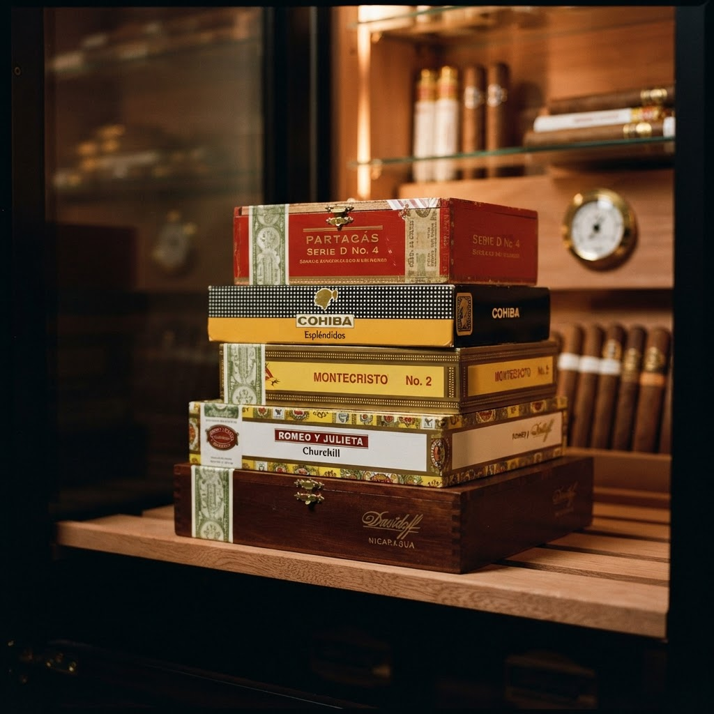 Stacked premium wooden cigar boxes