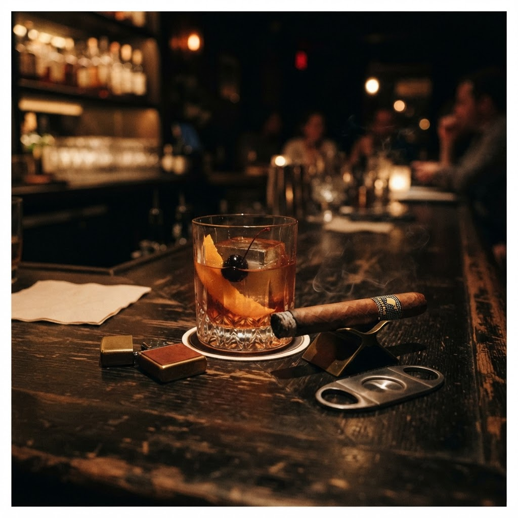 Cocktail and cigar pairing on a bar top