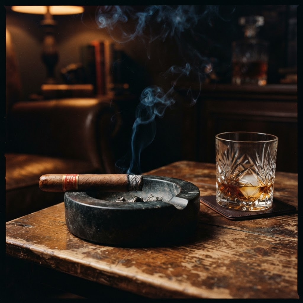Lit cigar resting near crystal glassware